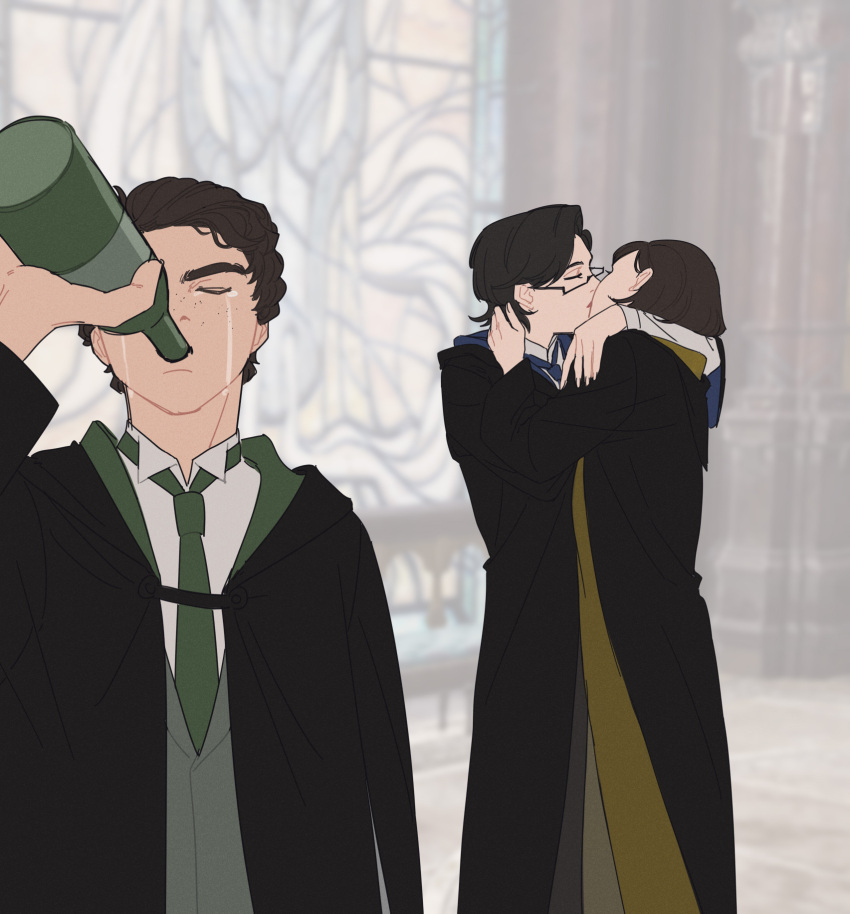 1boy, 2girls, alcohol, black_robe, bottle, brown_hair, drinking, drunk