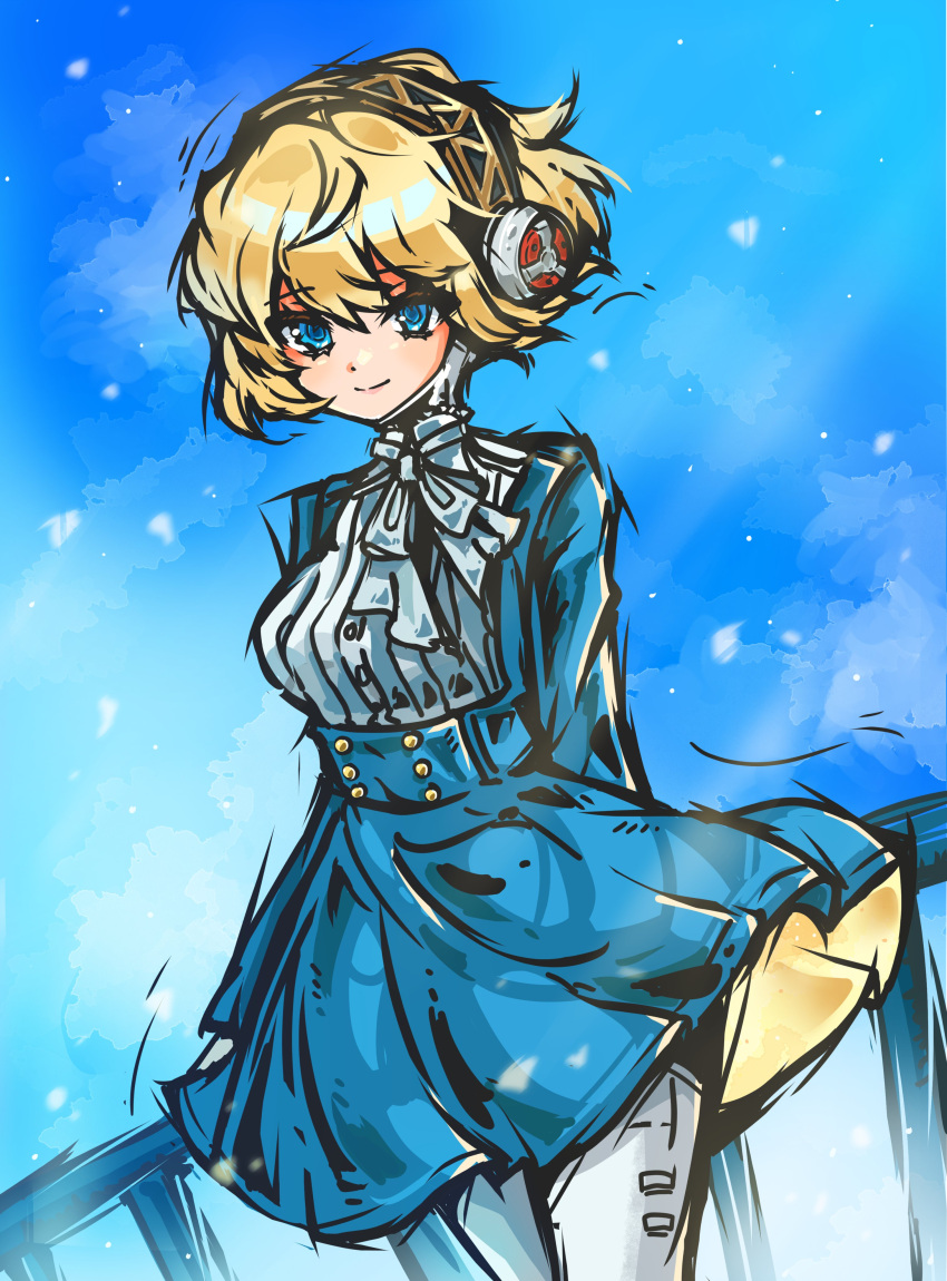 1girl, absurdres, aegis_(persona), android, arms_behind_back, blonde_hair, blue_eyes, dress
