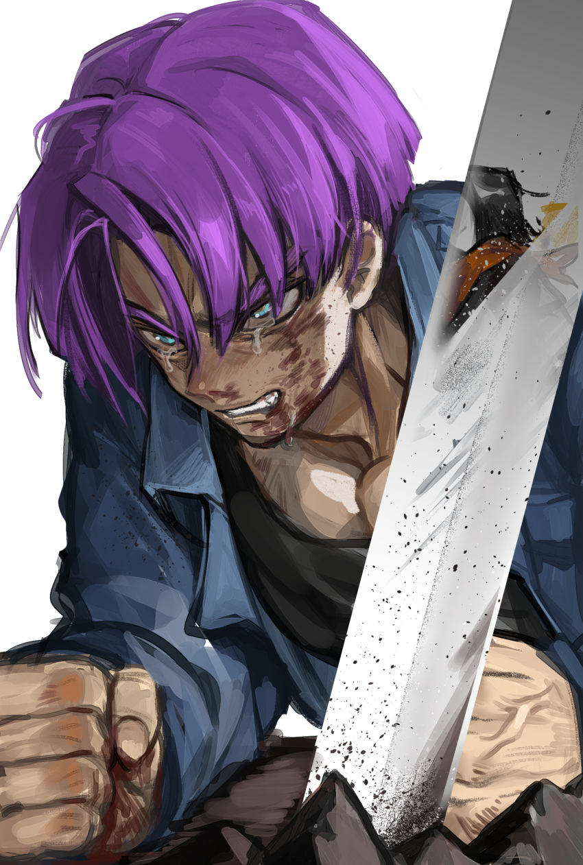 2boys, android, android_17, black_hair, black_shirt, blood, blood_on_face, blood_on_hands