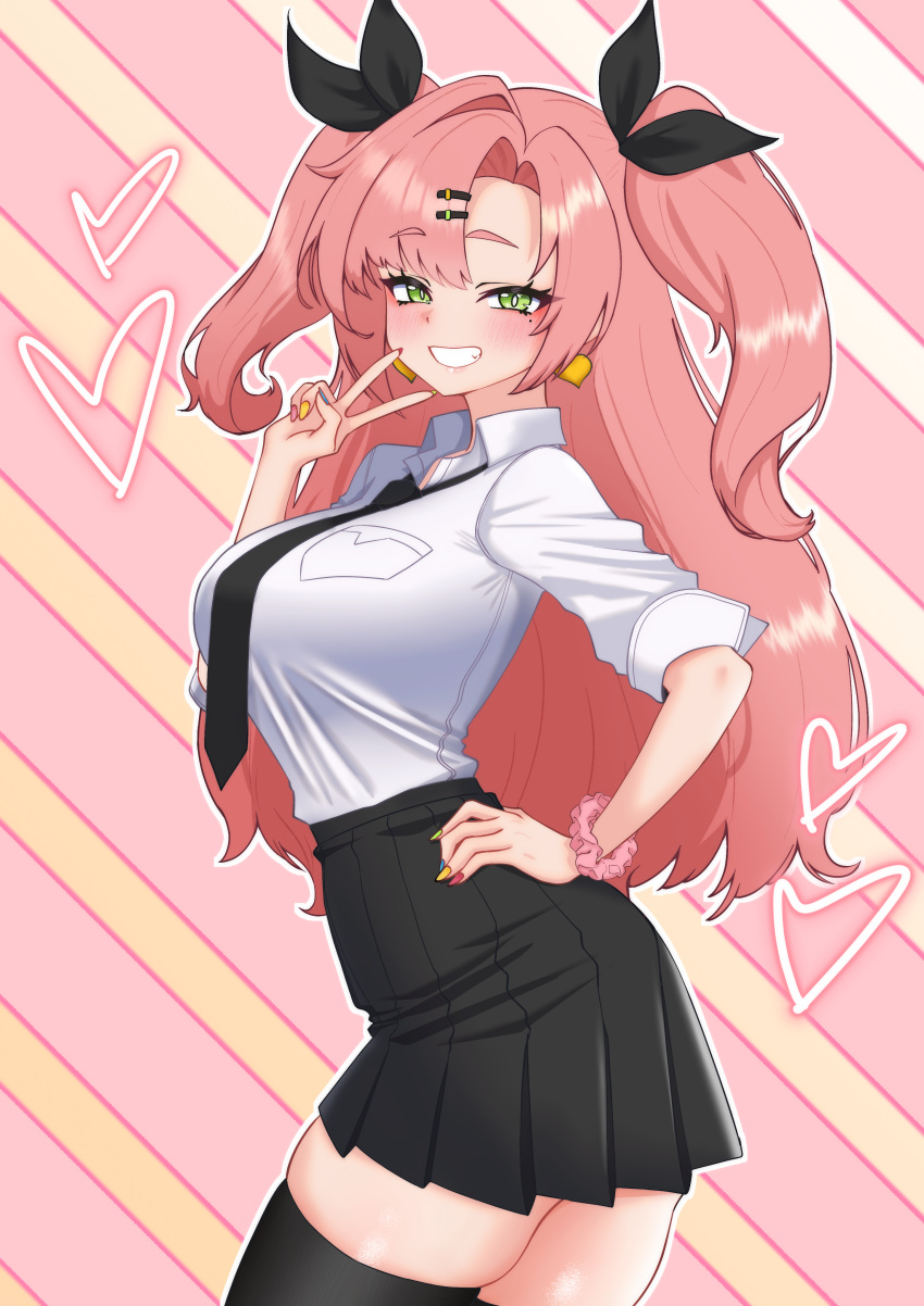 1girl, absurdres, black_ribbon, black_skirt, black_thighhighs, breasts, diagonal_striped_background, earrings