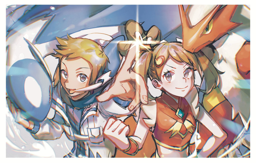 1boy, 1girl, blaziken, brendan_(pokemon), brendan_(sygna_suit)_(pokemon), brown_hair, claws, colored_sclera