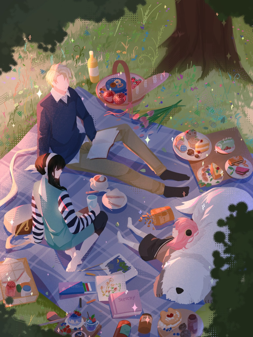 1boy, anya_(spy_x_family), apple, baguette, basket, black_hair, blanket, blueber_ray, bond_(spy_x_family), bottle, bread, breasts, child, dress, faceless, food, fruit, grass, great_pyrenees, hairband, highres, husband_and_wife, long_hair, long_sleeves, outdoors, picnic, picnic_basket, picnic_blanket, pink_hair, sandwich, shirt, sidelocks, smile, spy_x_family, tree, twilight_(spy_x_family), white_hairband, wine_bottle, yor_briar