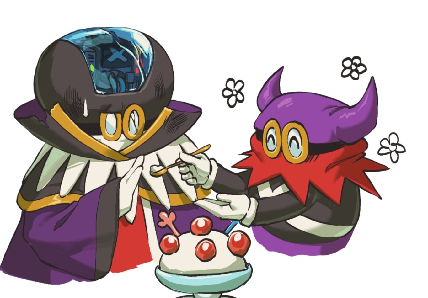 2boys, black_shirt, flower, gloves, goggles, holding, holding_spoon, horns