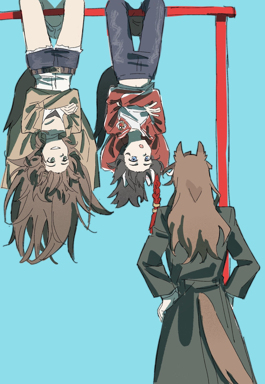 3girls, animal_ears, belt, black_coat, black_hair, blue_background, brown_hair, coat