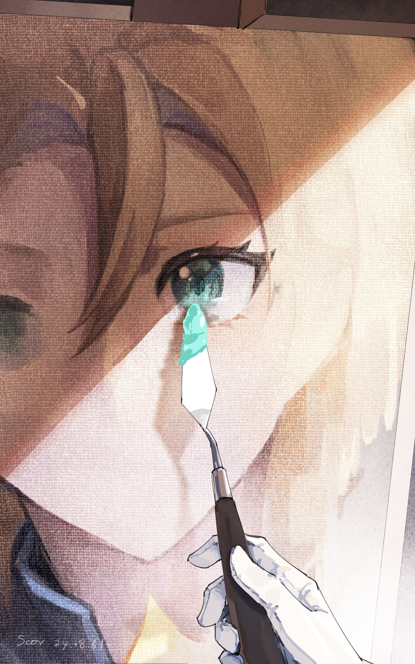 1boy, absurdres, albedo_(genshin_impact), blonde_hair, canvas_(object), close-up, commentary, dated