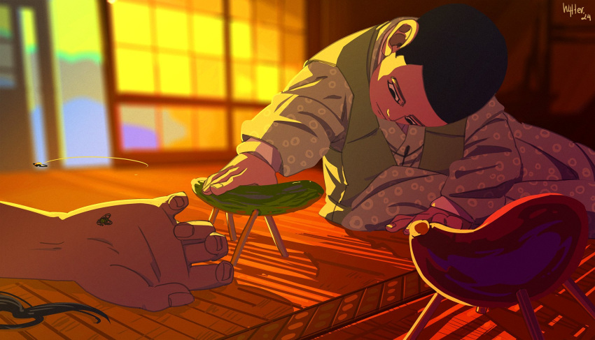 1boy, 1girl, aged_down, artist_name, black_eyes, black_hair, bug, buzz_cut
