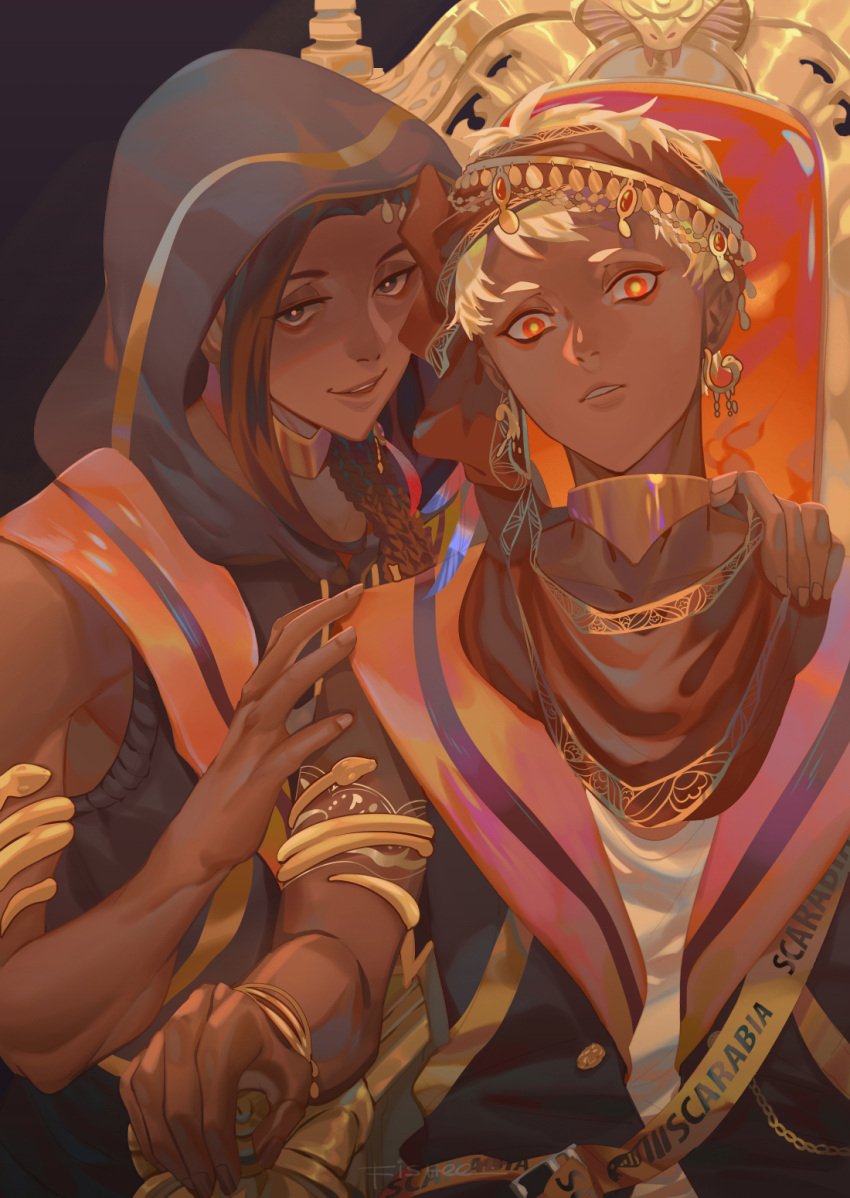 2boys, arabian_clothes, armlet, black_background, blonde_hair, brown_eyes, brown_hair, commentary