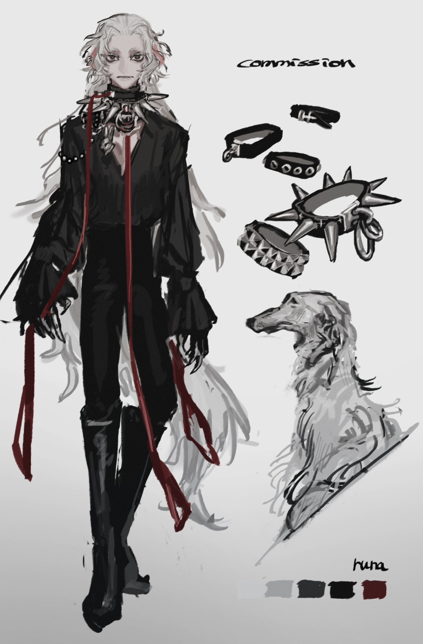 1boy, animal, animal_collar, animal_ears, black_eyes, black_shirt, boots, borzoi, claws, collar, commission, dog, dog_boy, dog_ears, dog_tail, full_body, grey_background, grey_hair, highres, leash, long_hair, long_sleeves, looking_at_viewer, male_focus, original, puffy_long_sleeves, puffy_sleeves, reference_sheet, runa_2513, shirt, simple_background, skeb_commission, solo, spiked_collar, spikes, tail, very_long_hair