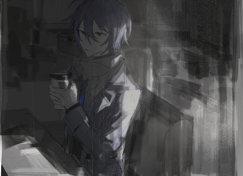 1boy, alternate_costume, black_background, black_shirt, blue_hair, blue_vest, chinese_commentary, coat