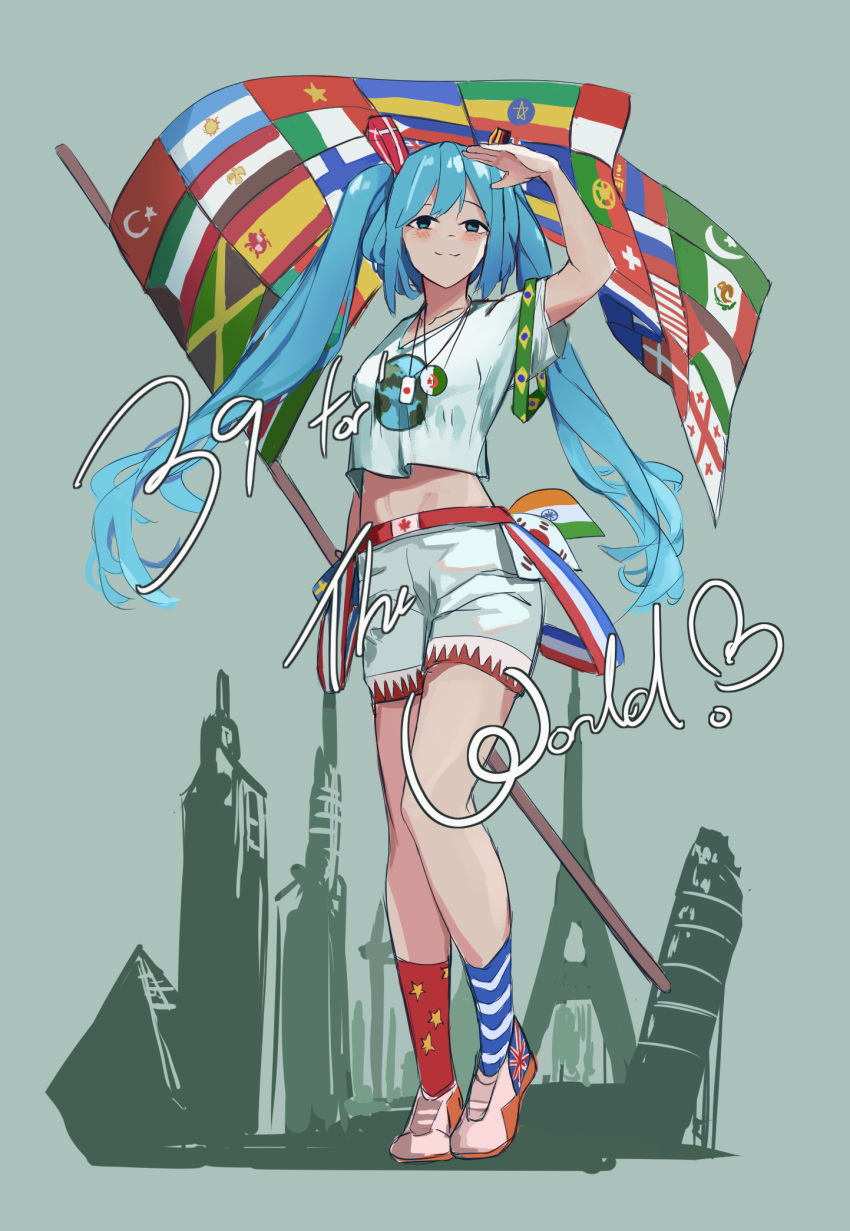 1girl, alternate_costume, aqua_eyes, aqua_hair, argentinian_flag, brazilian_flag, canadian_flag, closed_mouth