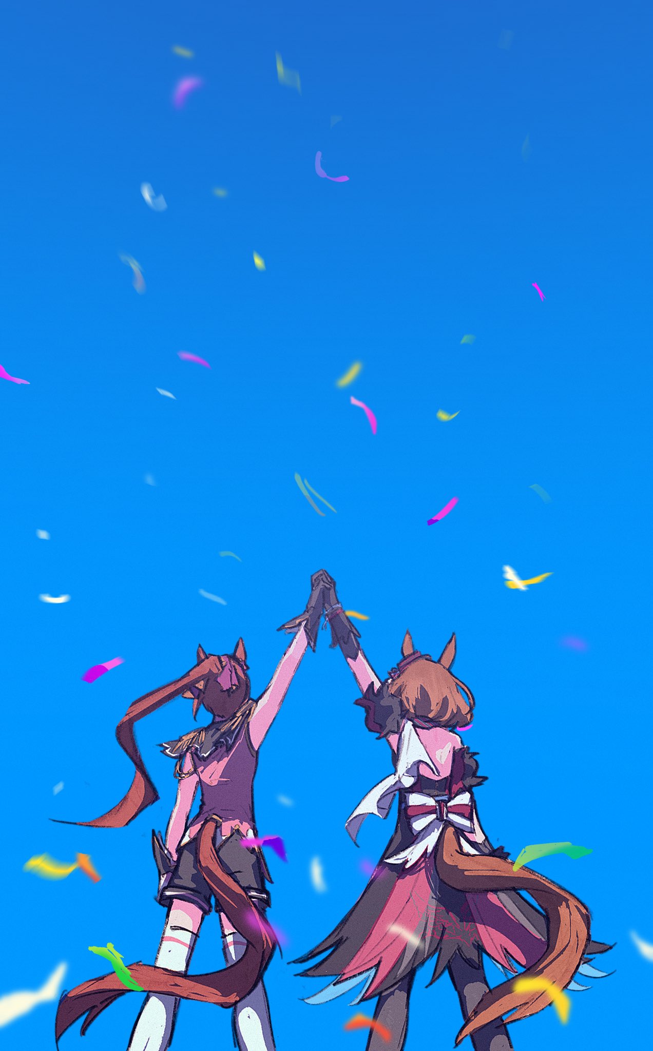 2girls, animal_ears, arm_at_side, arm_garter, arms_up, backless_dress, backless_outfit, black_gloves