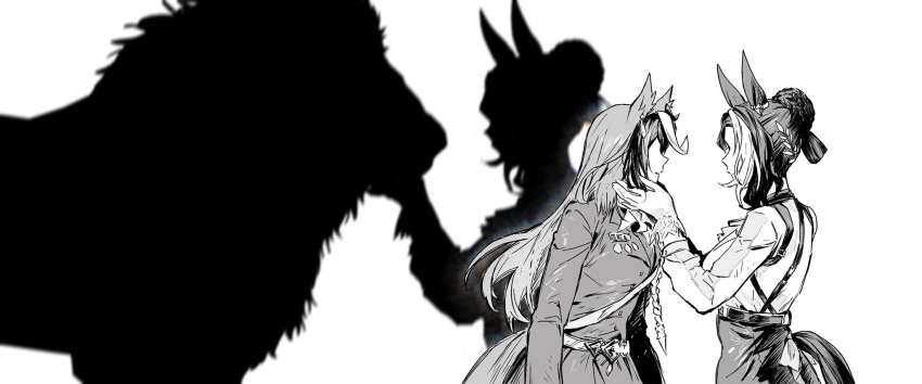 2girls, animal_ears, belt, braid, braided_bun, breasts, different_shadow, faceless