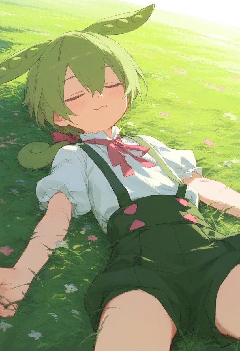 1girl, 6bodpoq9, closed_eyes, collared_shirt, foot_out_of_frame, grass, green_hair, green_suspenders