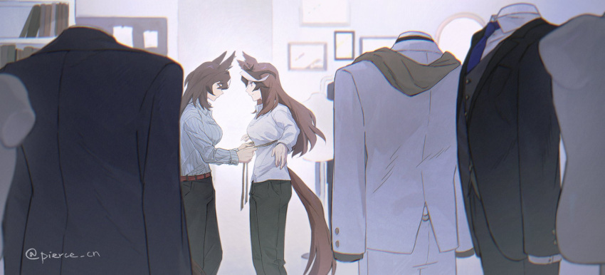 2girls, animal_ears, belt, black_pants, bookshelf, breasts, brown_hair, closed_mouth