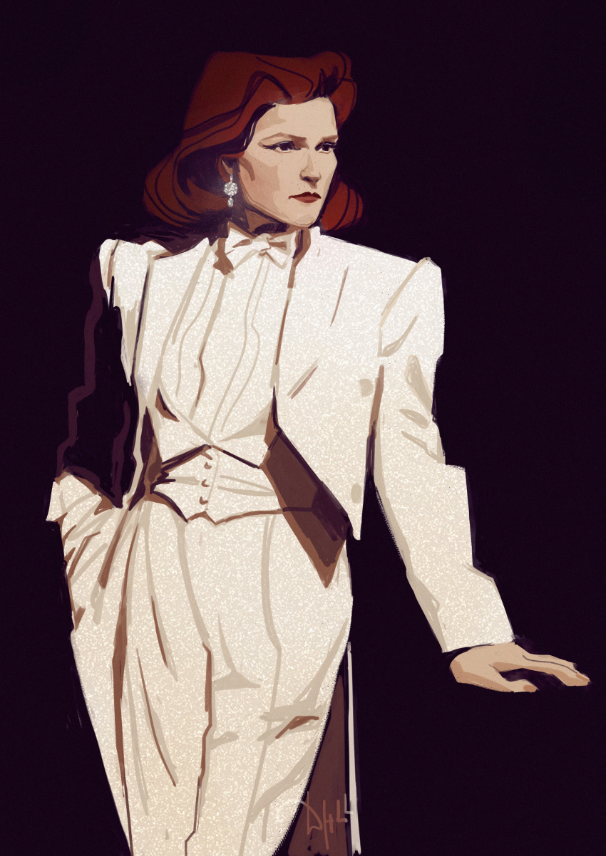1girl, absurdres, artist_name, black_background, black_eyes, bow, bowtie, collared_shirt, cowboy_shot, diamond_earrings, earrings, formal, hand_in_pocket, highres, j._c._leyendecker_(style), jewelry, kathryn_janeway, long_sleeves, looking_to_the_side, medium_hair, pants, red_eyes, red_lips, redclaudia, shirt, single_earring, solo, star_trek, suit, tailcoat, vest, waistcoat, white_bow, white_bowtie, white_pants, white_shirt, white_suit