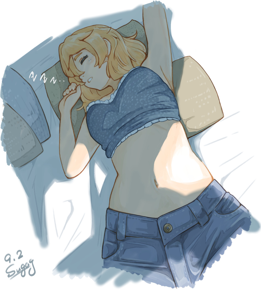 1girl, parted_lips, arm_up, armpit_crease, armpits, bed, bed_sheet, blonde_hair, bridget_(guilty_gear), closed_eyes, dappled_sunlight, denim, denim_shorts, frilled_tube_top, frills, guilty_gear, guilty_gear_strive, highres, lying, navel, on_back, on_bed, pillow, shorts, sleeping, strapless, sugajyun, sunlight, tube_top, zzz