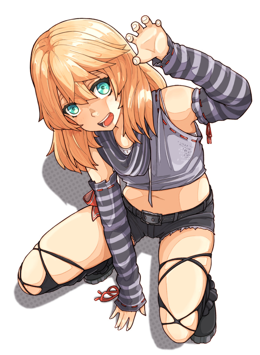 1girl, arm_up, blonde_hair, blue_eyes, bridget_(guilty_gear), claw_pose, crop_top, detached_sleeves