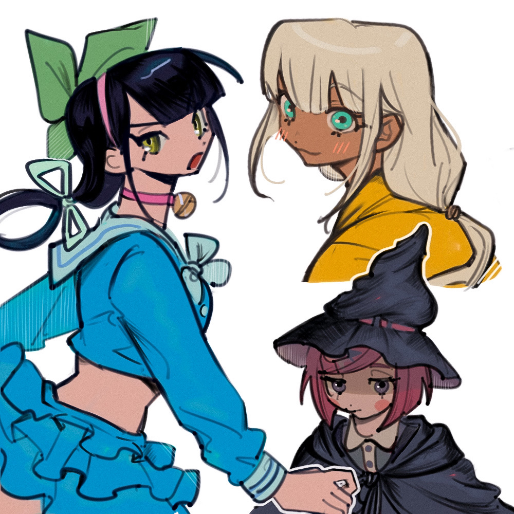 3girls, :3, a92o4e, bell, belt, black_cloak, black_hair, black_hat