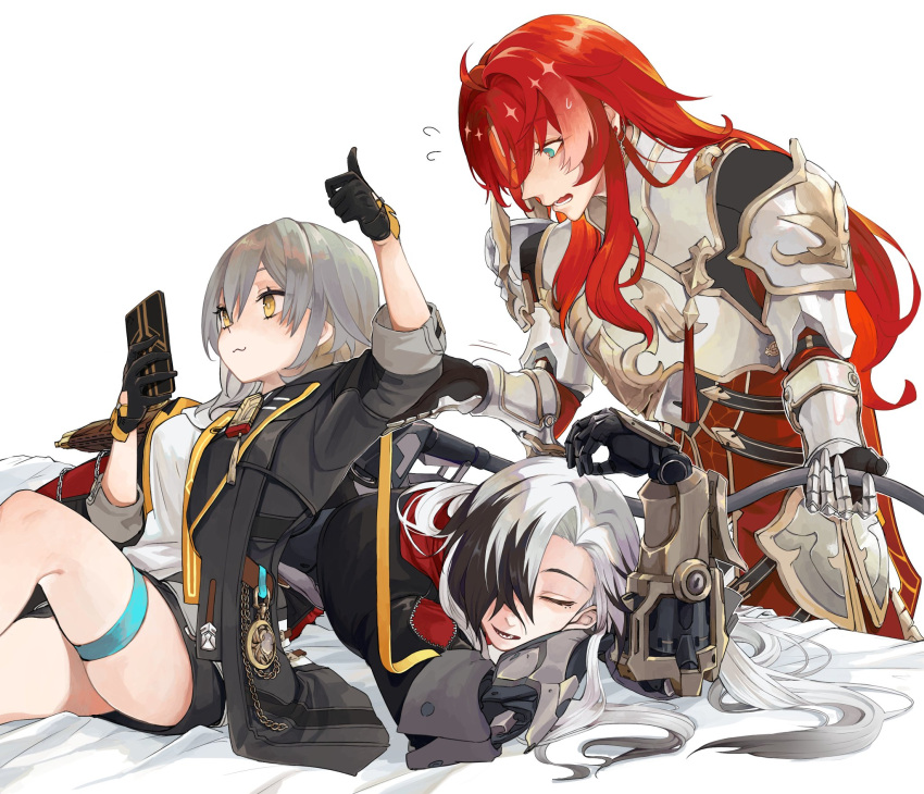 1girl, 2boys, :3, argenti_(honkai:_star_rail), arm_up, armor, black_hair, boothill_(honkai:_star_rail)