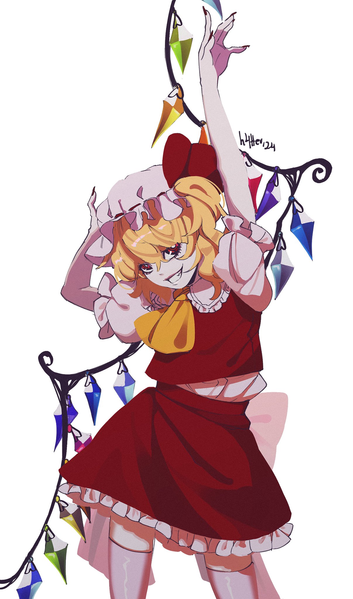 1girl, arm_up, artist_name, ascot, blonde_hair, bow, bright_pupils, commentary