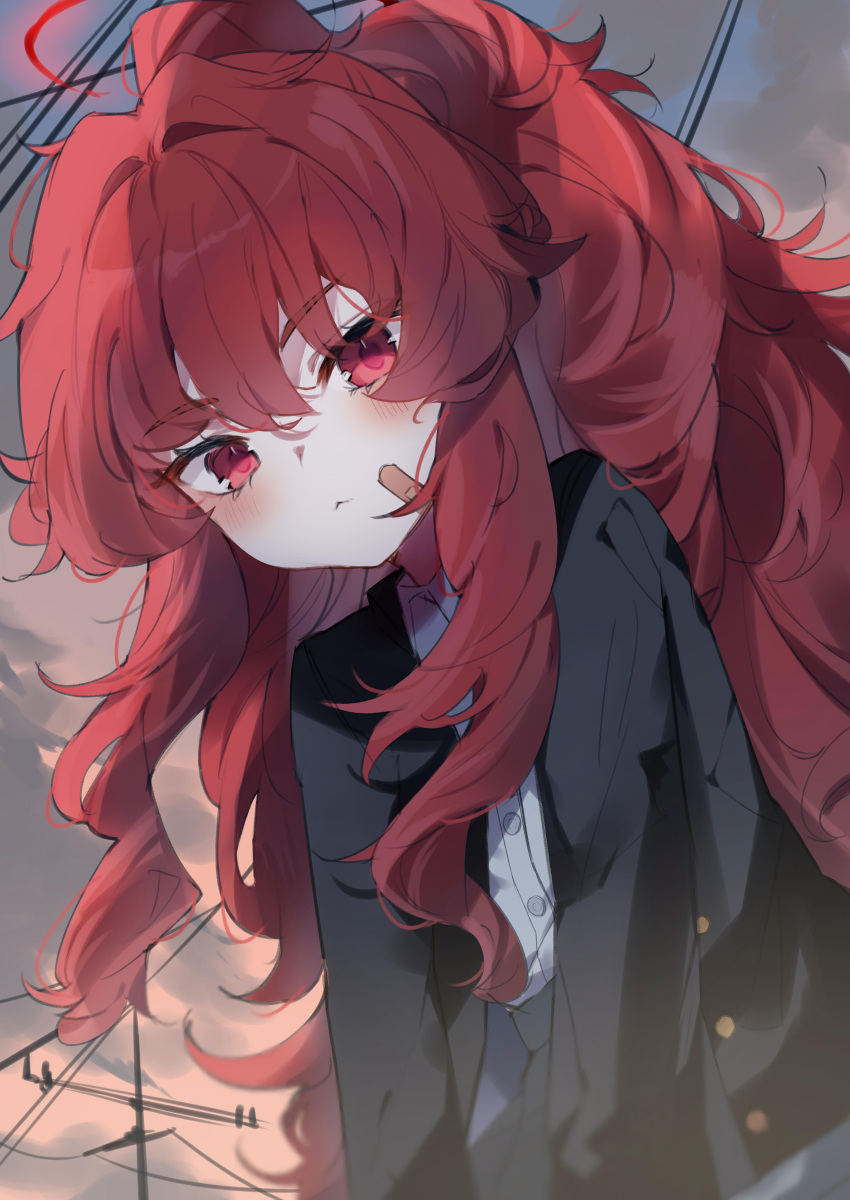 1girl, :<, absurdres, ashiharatsumori_koito, bandaid, bandaid_on_cheek, bandaid_on_face, black_jacket