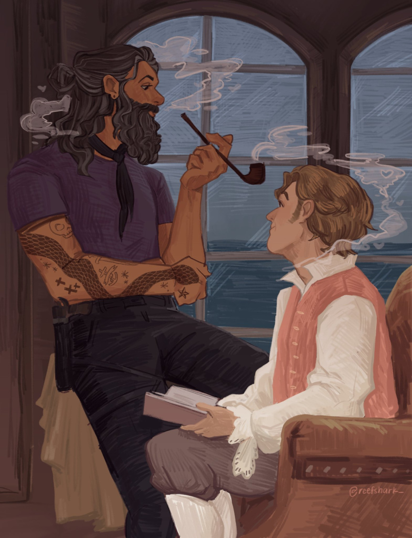 2boys, arm_tattoo, artist_name, beard_over_mouth, black_eyes, black_hair, black_pants, book