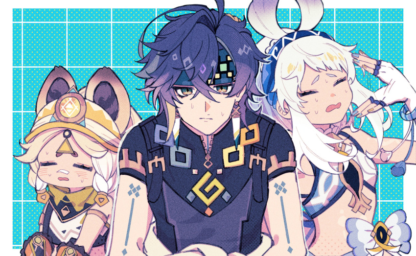 1boy, 2girls, black_shirt, blue_hairband, blue_headband, braid, candy_0229, chinchilla_ears, chinchilla_girl, closed_eyes, closed_mouth, commentary_request, crossed_bangs, fanning_face, fanning_self, fingerless_gloves, frown, genshin_impact, gloves, hair_between_eyes, hairband, hat, headband, highres, hot, kachina_(genshin_impact), kinich_(genshin_impact), long_hair, mualani_(genshin_impact), multiple_girls, open_mouth, shirt, short_sleeves, sitting, sweat, twin_braids, white_gloves, white_hair