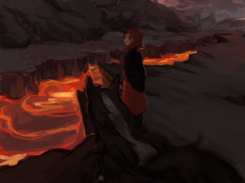 1boy, arms_behind_back, closed_mouth, commentary_request, embers, facing_away, kmusy_mp4, lava, male_focus, maxie_(pokemon), mightyena, outdoors, pokemon, pokemon_(creature), pokemon_rse, redhead, short_hair, smoke, standing, volcano