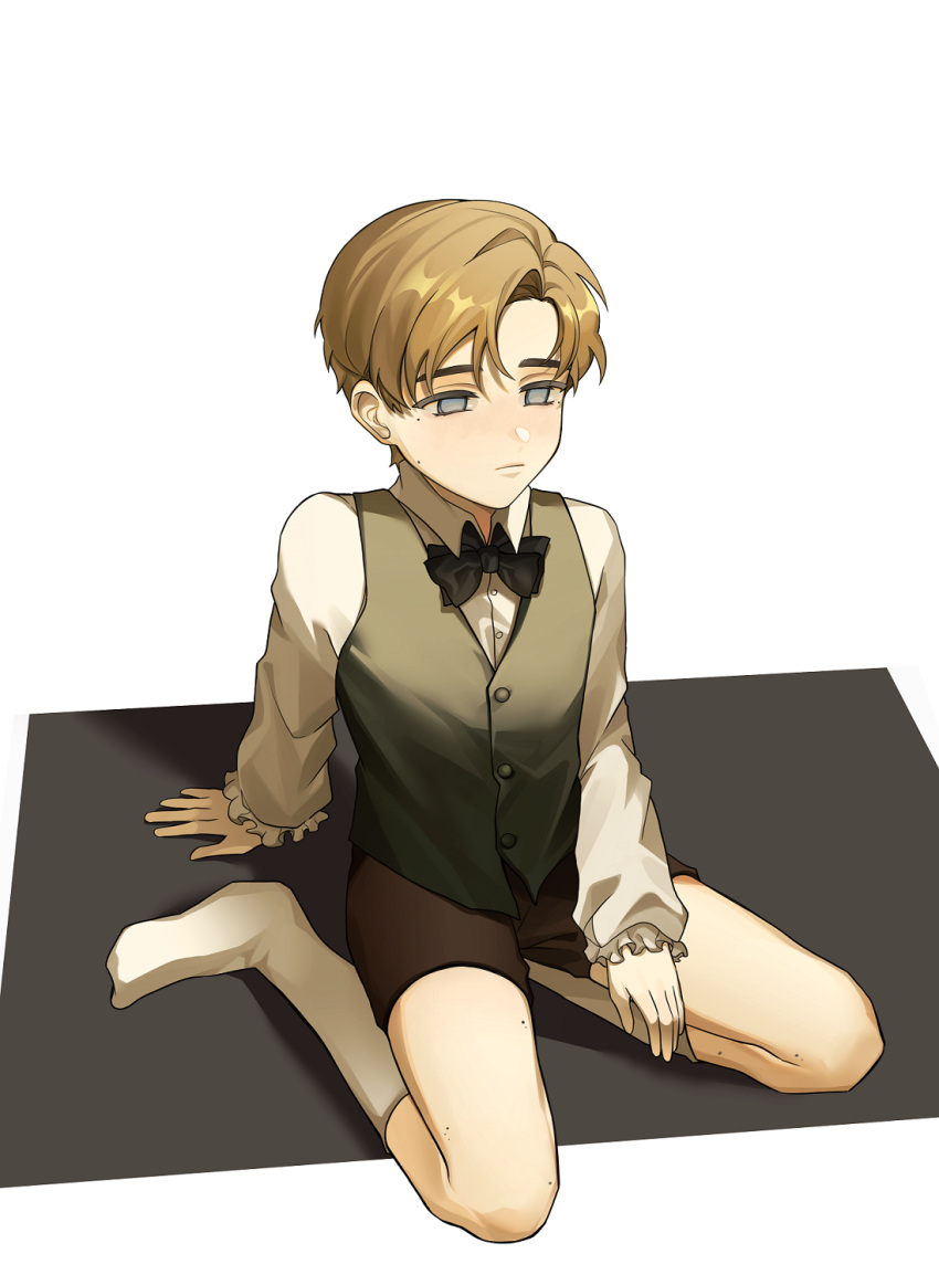 1boy, aged_down, black_bow, black_bowtie, blind, blonde_hair, bow, bowtie