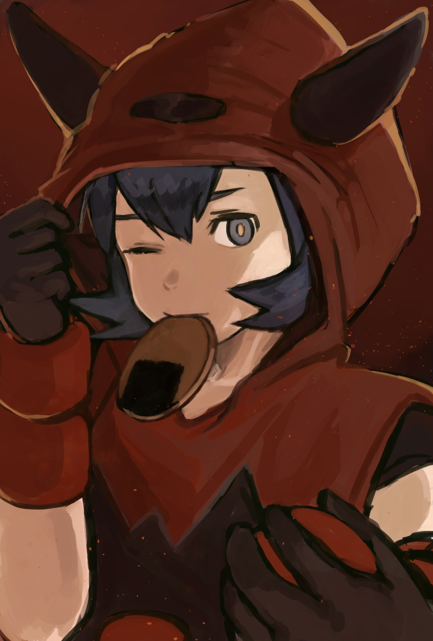 1girl, black_hair, brown_gloves, courtney_(pokemon), food_in_mouth, gloves, grey_eyes, highres, holding, holding_poke_ball, hood, hood_up, jacket, kmusy_mp4, looking_at_viewer, one_eye_closed, poke_ball, pokemon, pokemon_rse, red_background, red_jacket, short_hair, solo, team_magma, team_magma_uniform, upper_body