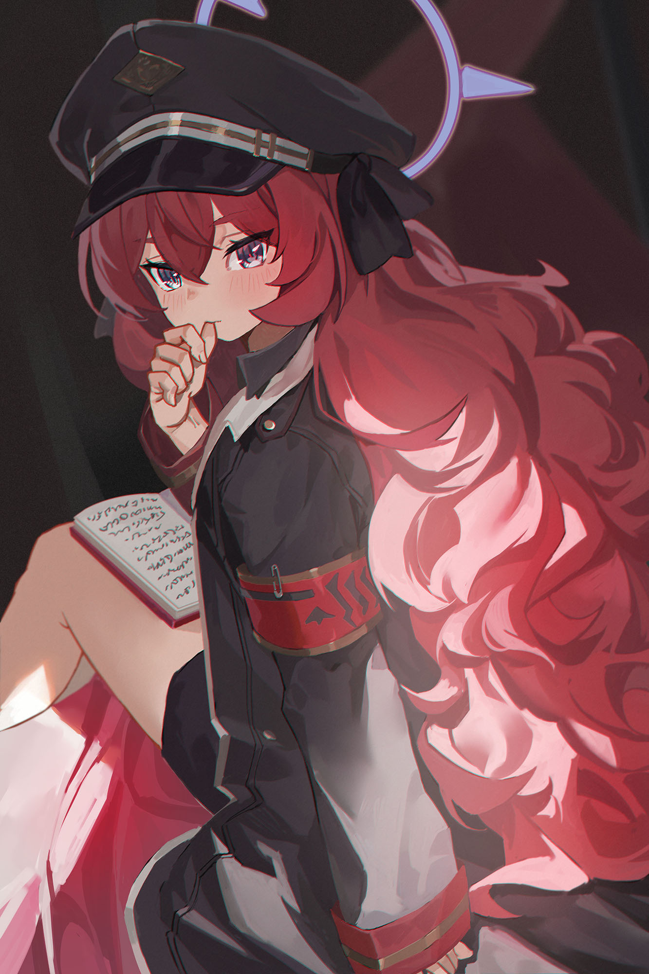 1girl, biting_own_finger, black_coat, black_hat, blue_archive, blue_eyes, blue_halo, blush