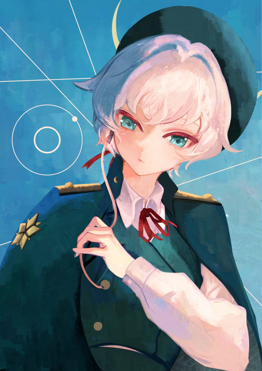 1girl, absurdres, beret, cape, green_eyes, hat, highres, kuzunoha_rei, long_sleeves, necktie, project_kv, saayartworks, school_uniform, shirt, short_hair, solo, vest, white_hair, white_shirt