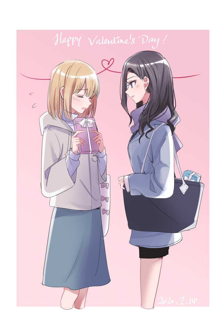2girls, bag, black_hair, black_skirt, blonde_hair, blue_skirt, blush, bow