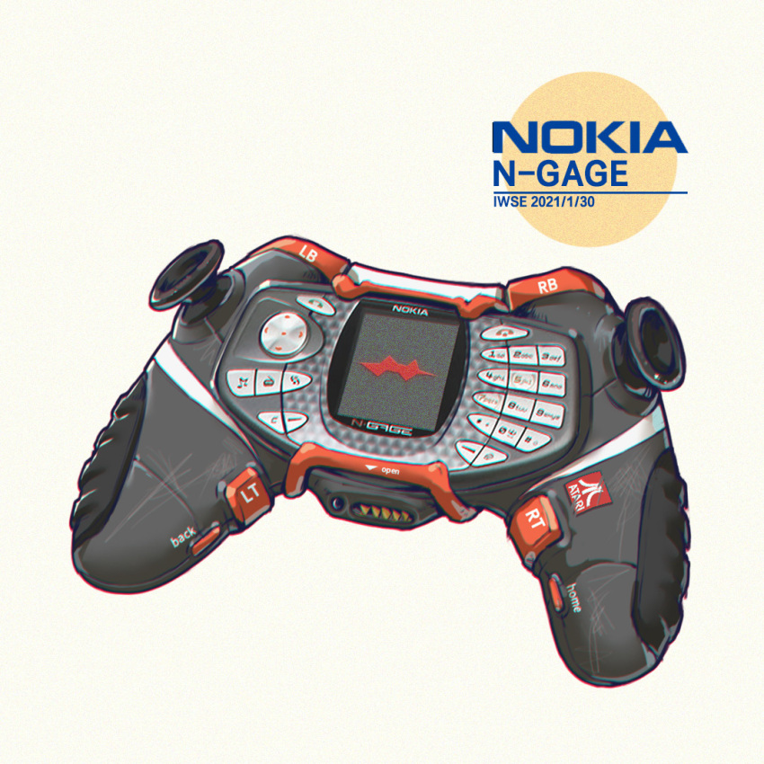 artist_name, atari, commentary, controller, dated, game_controller, iwse_zhang, joystick, keypad, logo, nokia_(company), nokia_n-gage, object_focus, phone, simple_background, white_background