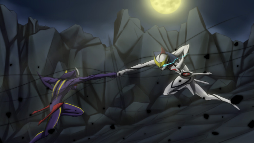 2boys, battle, black_bodysuit, blue_eyes, bodysuit, casshern, casshern_(series), casshern_sins