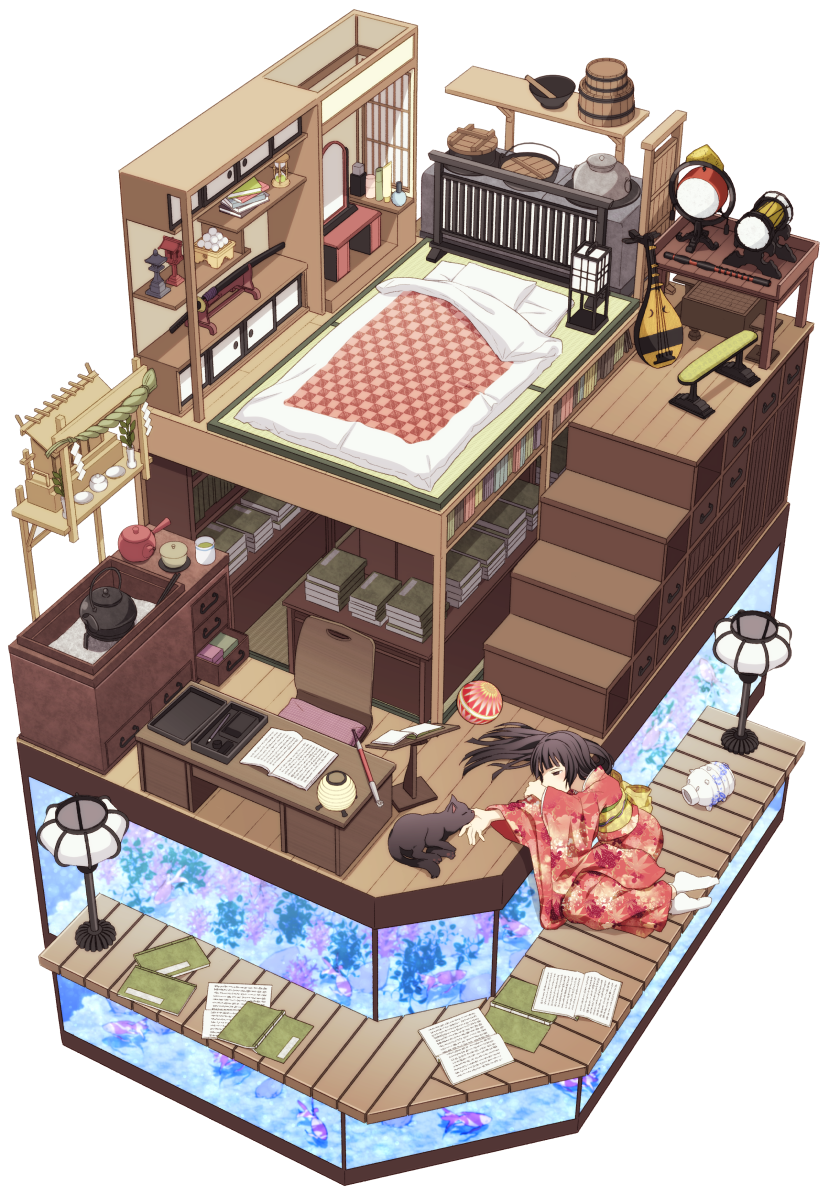 1girl, bed, bench, biwa_lute, black_cat, black_hair, book, cat, chair, checkered_blanket, commentary_request, desk, fish, floorplan, highres, hourglass, instrument, itou_(mogura), japanese_clothes, katana, kimono, lamp, long_hair, lute_(instrument), original, pillow, red_kimono, simple_background, socks, solo, stairs, study_(room), sword, weapon, white_background, white_socks