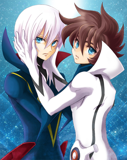 2boys, blue_background, blue_bodysuit, blue_eyes, bodysuit, brown_hair, casshern, casshern_(series)