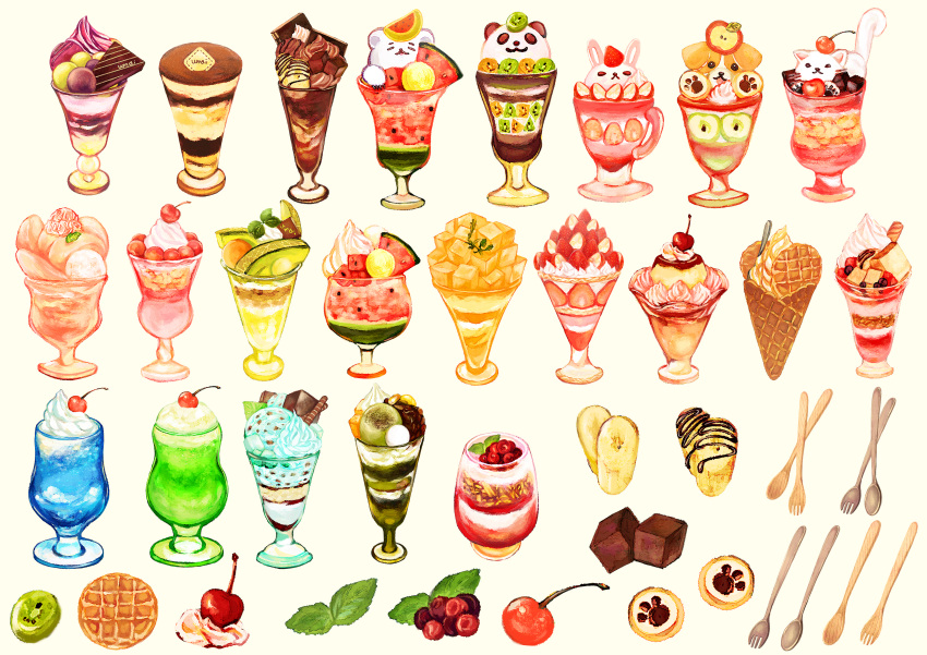 absurdres, animal-themed_food, banana, banana_slice, cherry, chocolate, commentary_request, dessert, dezitarukinngyo, food, food_focus, fork, fruit, glass, highres, ice_cream_cone, mint_chocolate, no_humans, original, parfait, simple_background, spoon, strawberry, sweets, tiramisu, utensil, waffle, waffle_cone, watermelon, yellow_background