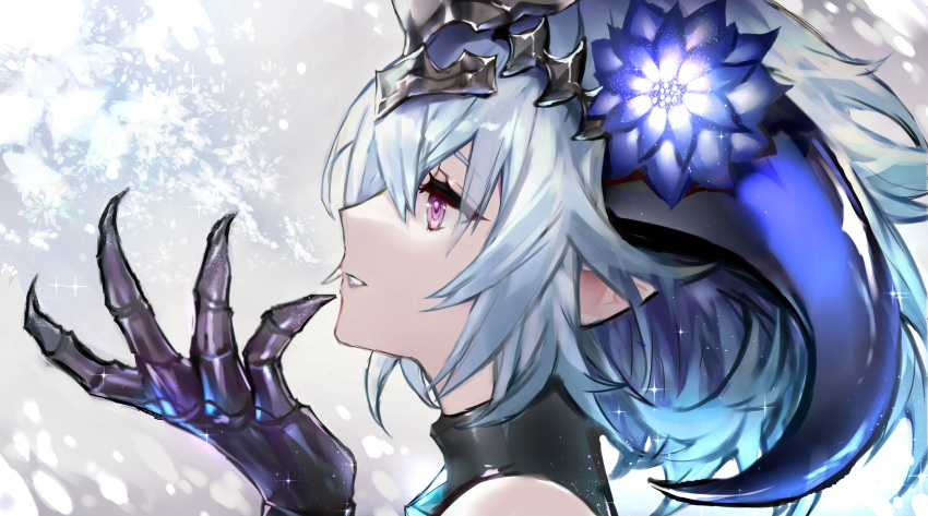 1girl, absurdres, blue_flower, blue_hair, curled_horns, dragon_girl, dragon_horns, filene_(shadowverse)