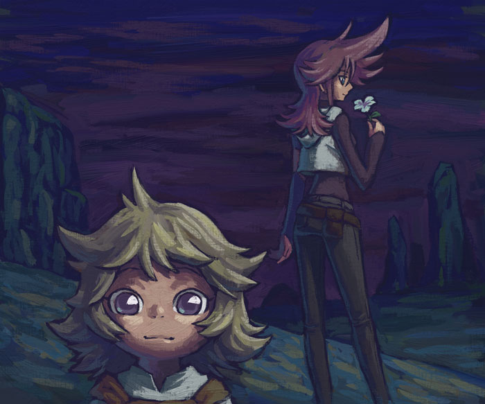 2girls, casshern_(series), casshern_sins, closed_mouth, clouds, cloudy_sky, commentary_request, desert