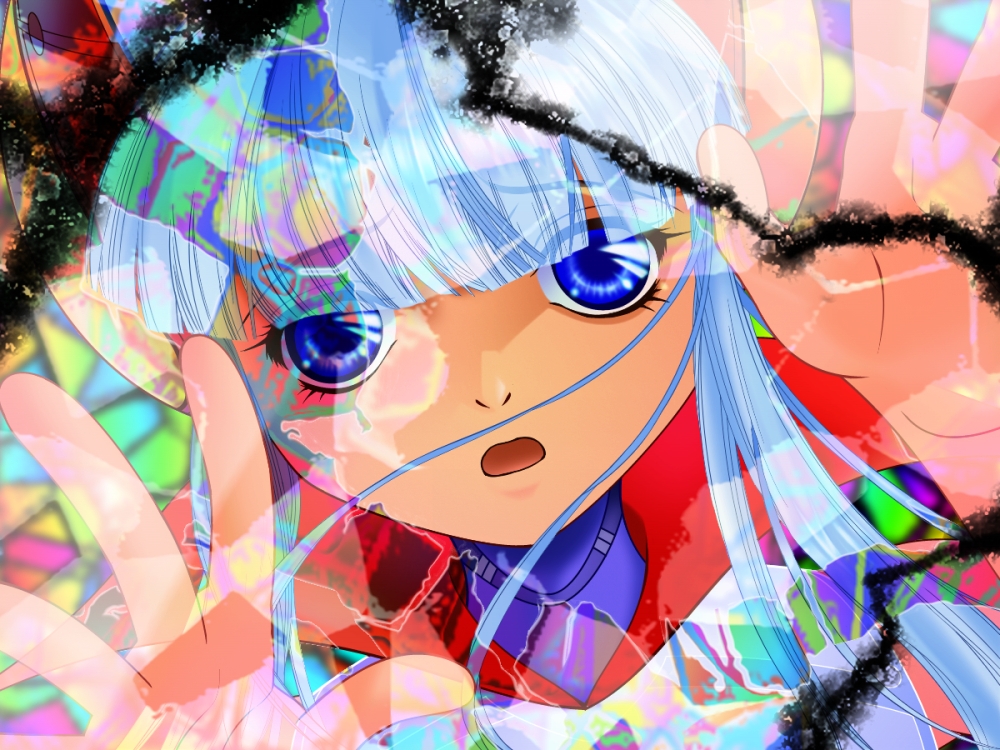 1girl, blue_eyes, blue_hair, blunt_bangs, casshern_(series), casshern_sins, commentary_request, darkness, looking_at_viewer, luna_(casshern_sins), medium_bangs, mitomo_akira, multicolored_background, open_mouth, popped_collar, shirt, short_hair_with_long_locks, sleeveless, sleeveless_shirt, solo, stained_glass, white_shirt