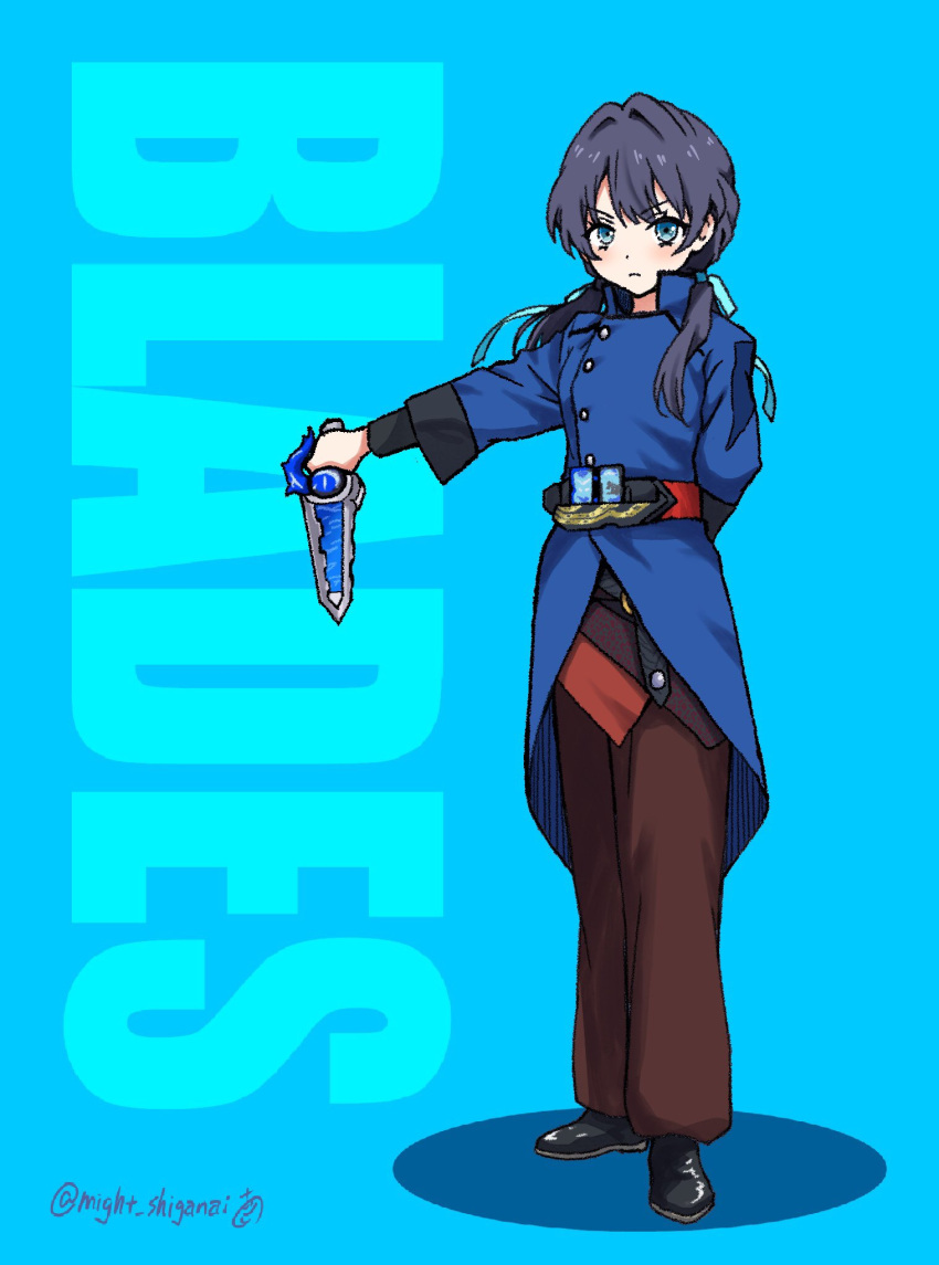 1girl, arm_behind_back, black_footwear, blue_background, blue_coat, blue_eyes, blue_hair, blue_ribbon