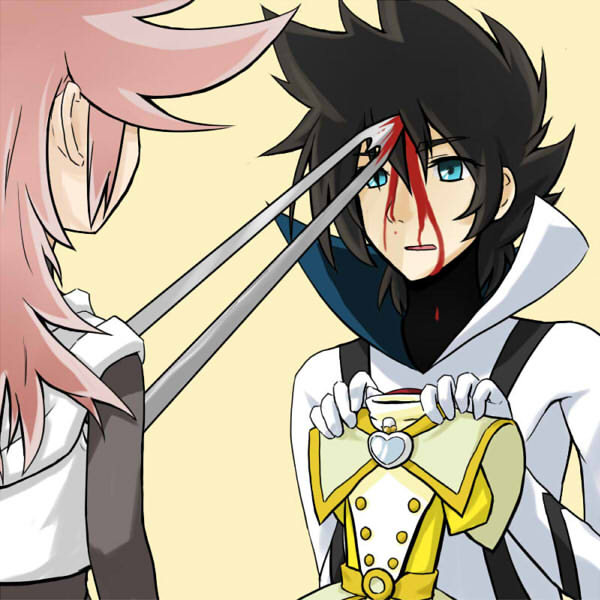 1boy, 1girl, asuka_momoko, asuka_momoko_(cosplay), black_hair, blood, blood_on_face, blue_eyes
