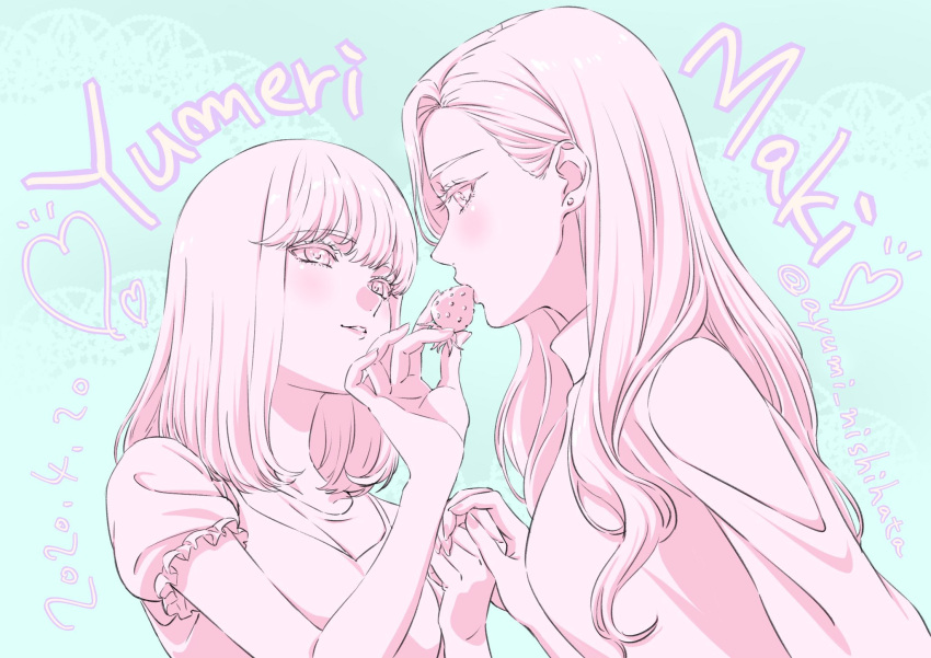 2girls, aqua_background, character_name, commentary_request, dated, earrings, feeding, food