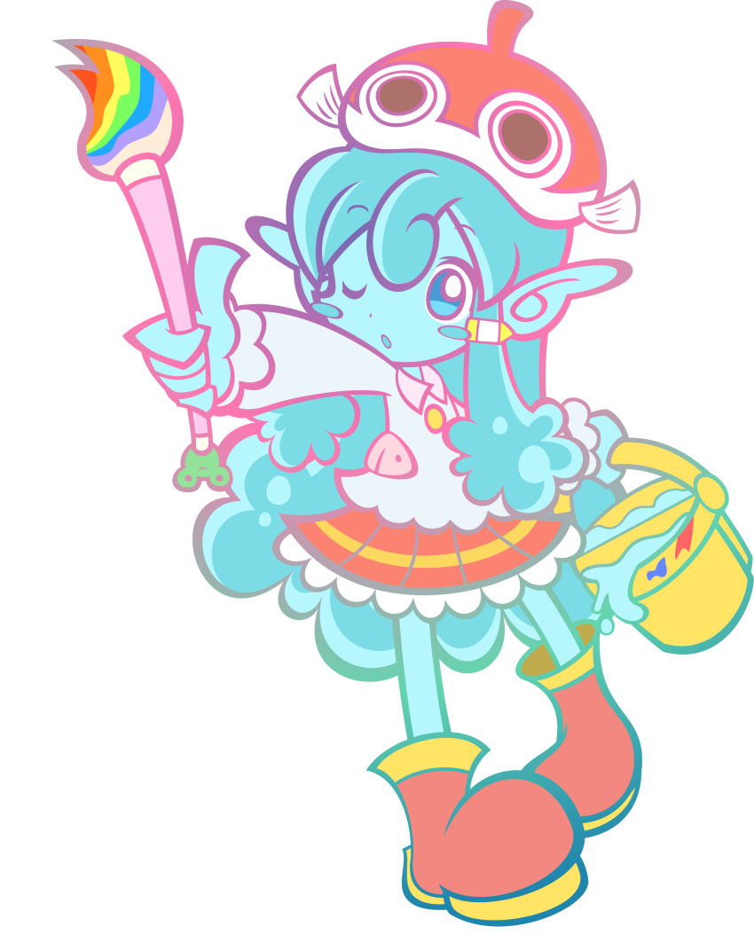 1girl, ;o, absurdres, arm_at_side, blue_eyes, blue_hair, blue_skin, bucket, colored_lineart, colored_skin, curly_bangs, deformed, double-parted_bangs, fish_hat, frilled_shirt, frilled_skirt, frilled_sleeves, frills, full_body, gradient_lineart, hand_up, hat, highres, holding, holding_bucket, holding_paintbrush, long_hair, long_sleeves, looking_to_the_side, measuring, official_style, one_eye_closed, paintbrush, parted_lips, pigeon-toed, pleated_skirt, pointy_ears, puyopuyo, puyopuyo_artstyle, puyopuyo_quest, red_footwear, red_hat, red_skirt, shirt, sidelocks, simple_background, skirt, solo, standing, tachi-e, thumbs_up, transparent_background, undine_(puyopuyo), very_long_hair, white_shirt, wing_collar, y&amp;k