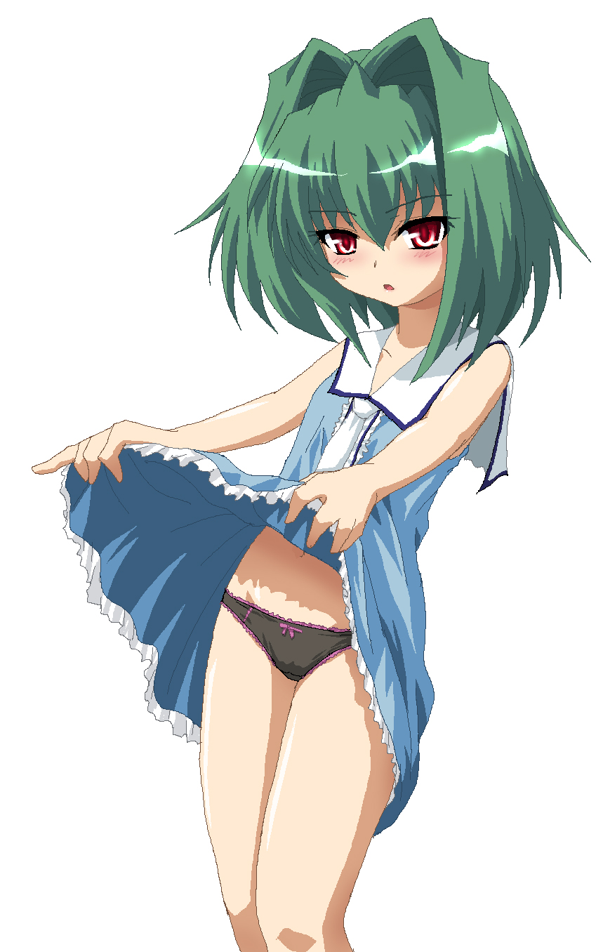 black_panties, blush, flat_chest, green_hair, hair_intakes, hayashiya_zangourou, hayashiya_zankurou, highres