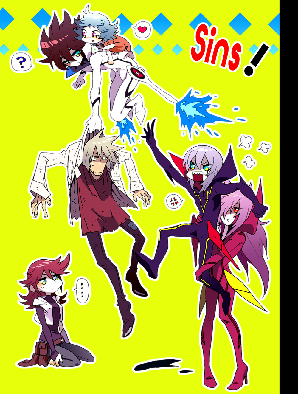 ..., 3girls, ?, akira-riku, akoes, anger_vein, blue_eyes, bodysuit
