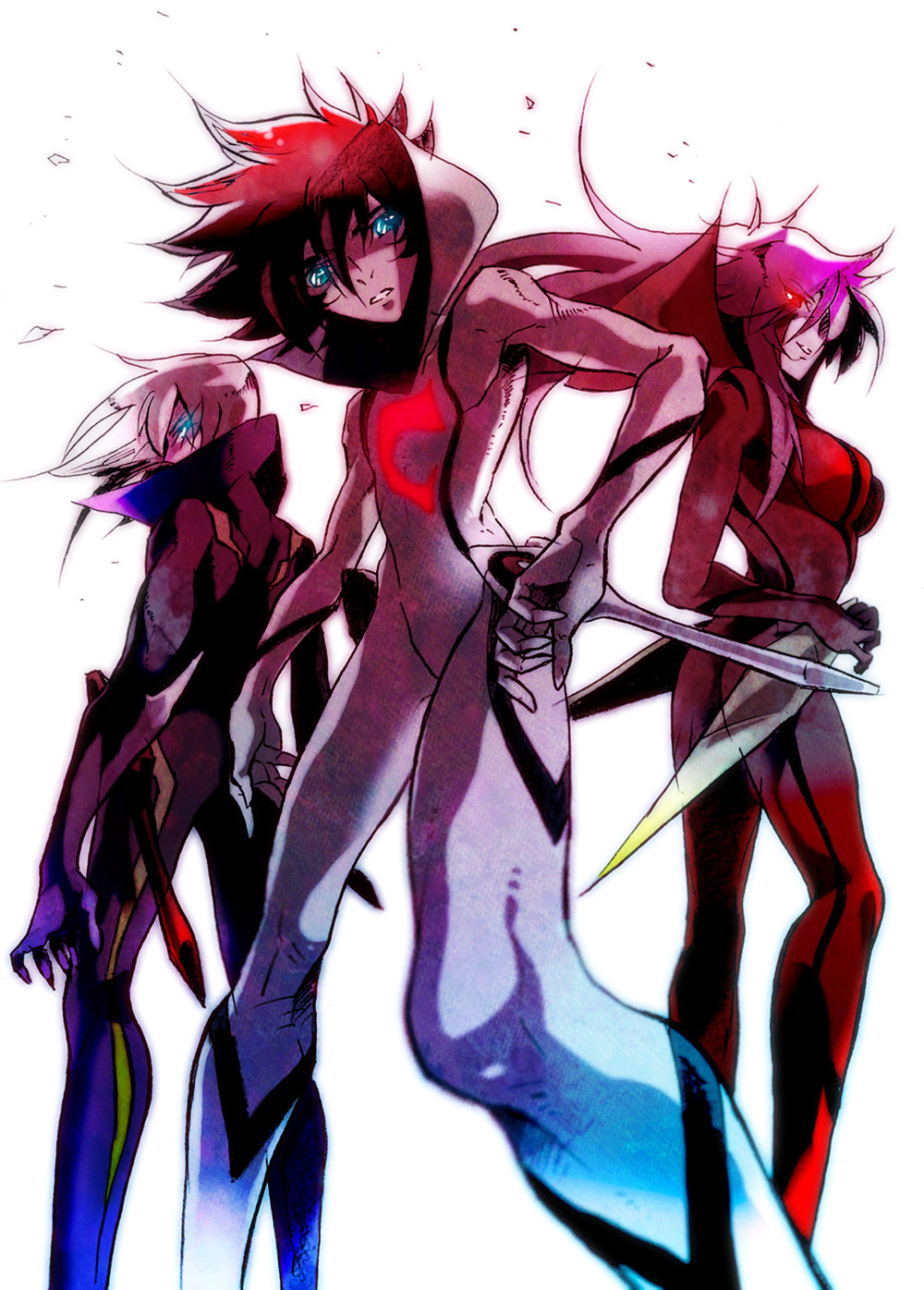 1girl, 2boys, akira-riku, black_footwear, blue_eyes, bodysuit, breasts, casshern