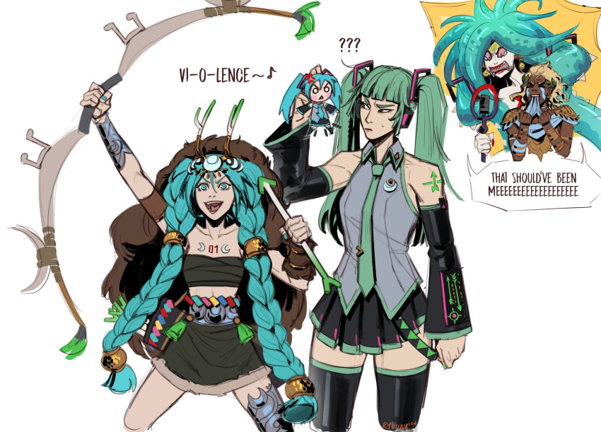 1boy, 3girls, ?, ??, ancient_greek_clothes, anger_vein, apollo_(hades), aqua_eyes