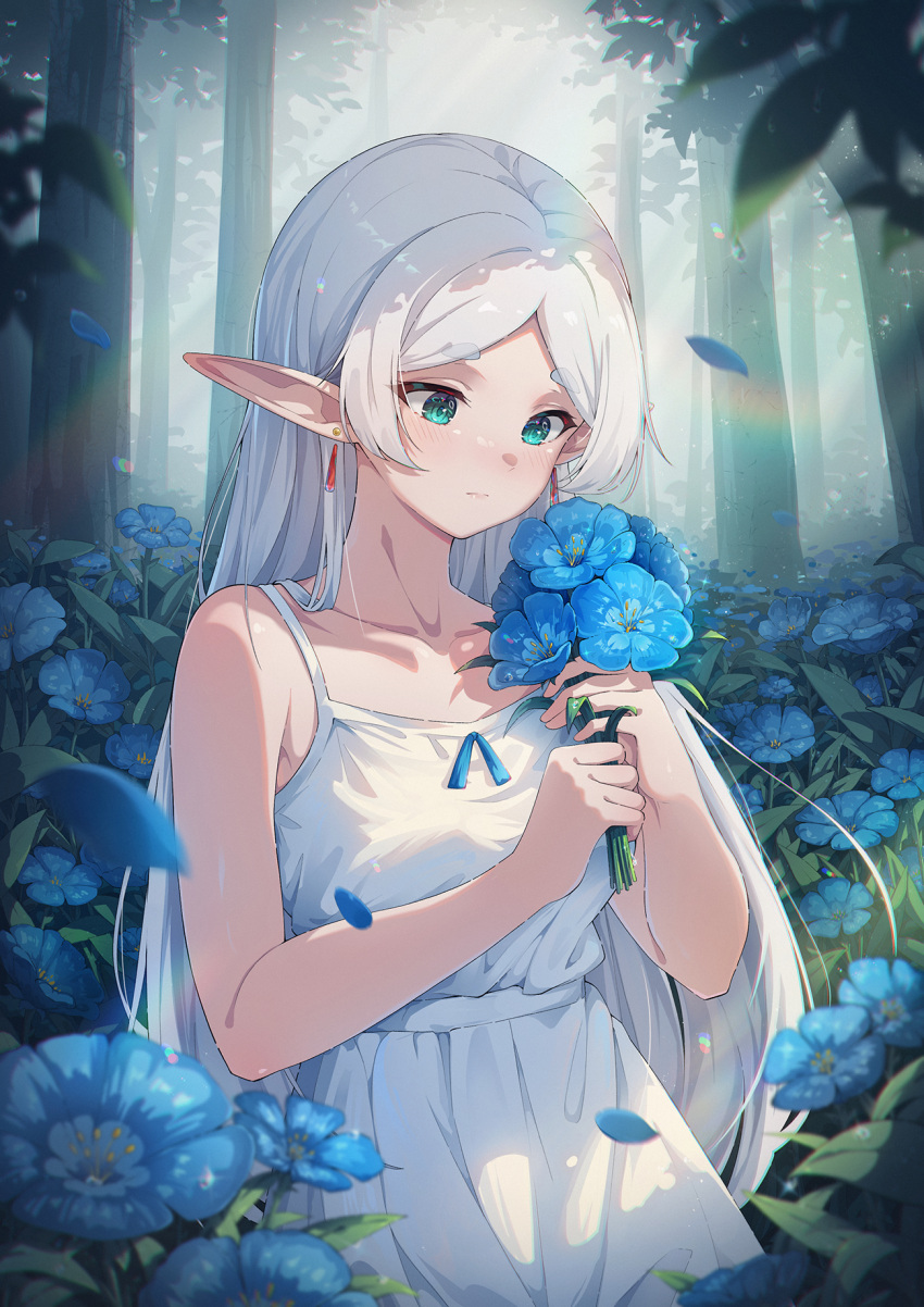 1girl, aqua_eyes, blue_flower, blue_ribbon, day, dress, earrings, elf